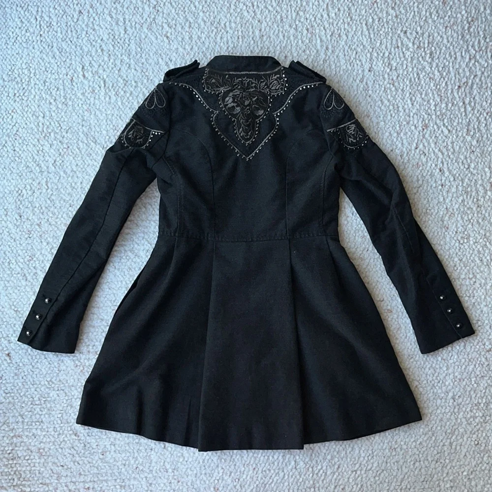 Free People Sargeant Floral Embroidered Embellished Military Coat Black 2‎